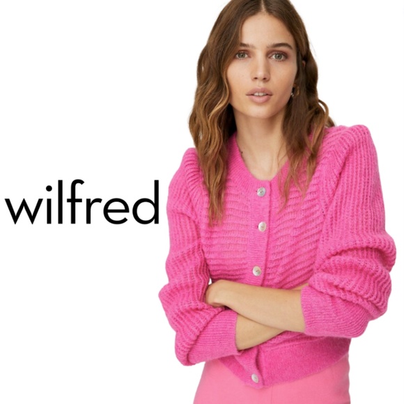 Wilfred Sweaters - Wilfred Alessia Cardigan Cropped Puff Sleeve Knit Wool Cardigan - Hot Pink - L